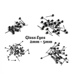 Op de afbeelding: Een verzameling zwarte glazen ogen met metalen pinnen, gerangschikt in vier afzonderlijke groepen. De tekst Glass Eyes 2mm - 5mm staat in het midden tussen de groepen. Deze kleine, ronde, glanzend zwarte onderdelen zijn voor knutselwerk.
