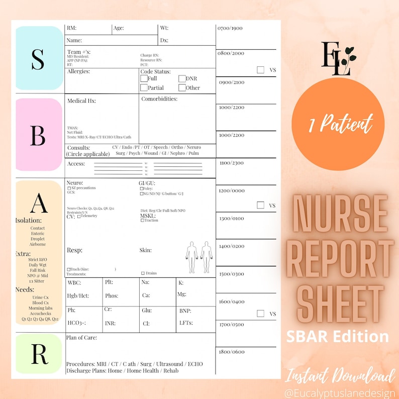 PRINTABLE Nursing Report Sheet/ Nurse Brain/ SBAR Report Sheet/icu