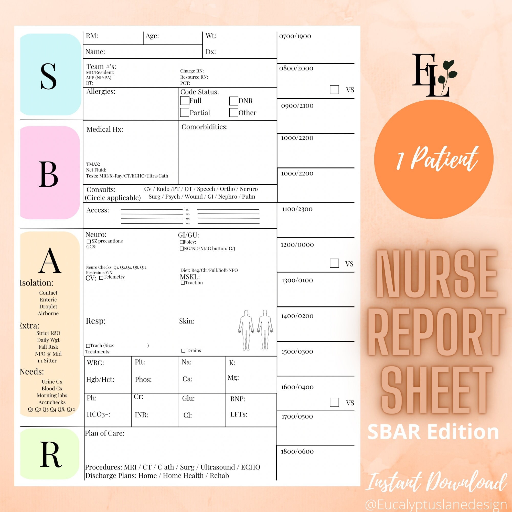 PRINTABLE Nursing Report Sheet/ Nurse Brain/ SBAR Report Sheet/icu
