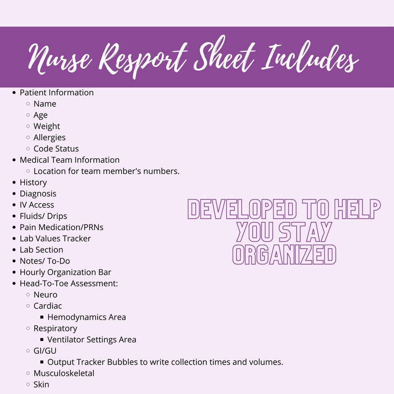 Printable Nurse Report / Brain / ICU Report Sheet/ ICU Nurse Brain