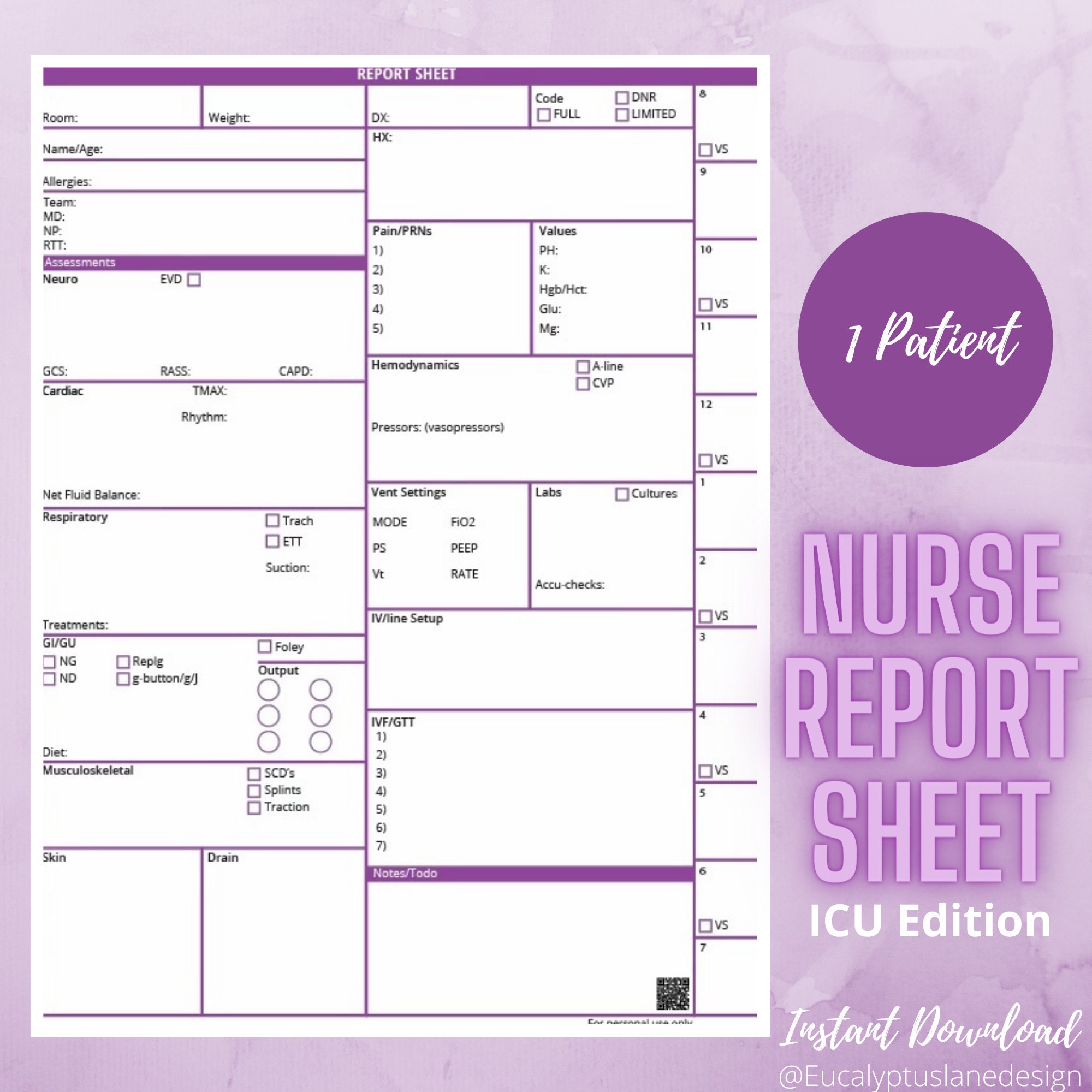 Printable Nurse Report / Brain / ICU Report Sheet/ ICU Nurse Brain