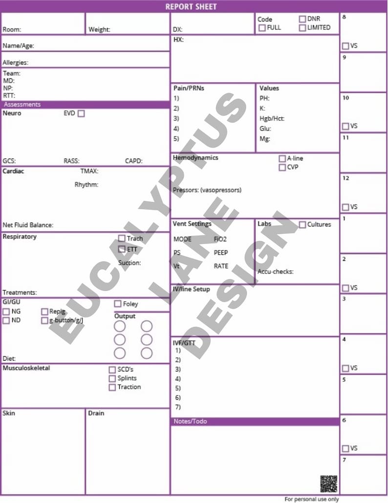 Printable Nurse Report / Brain / ICU Report Sheet/ ICU Nurse Brain