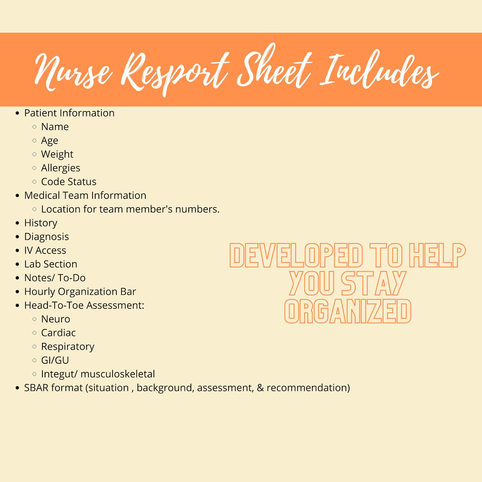 PRINTABLE Nursing Report Sheet/ Nurse Brain/ SBAR Report Sheet/icu
