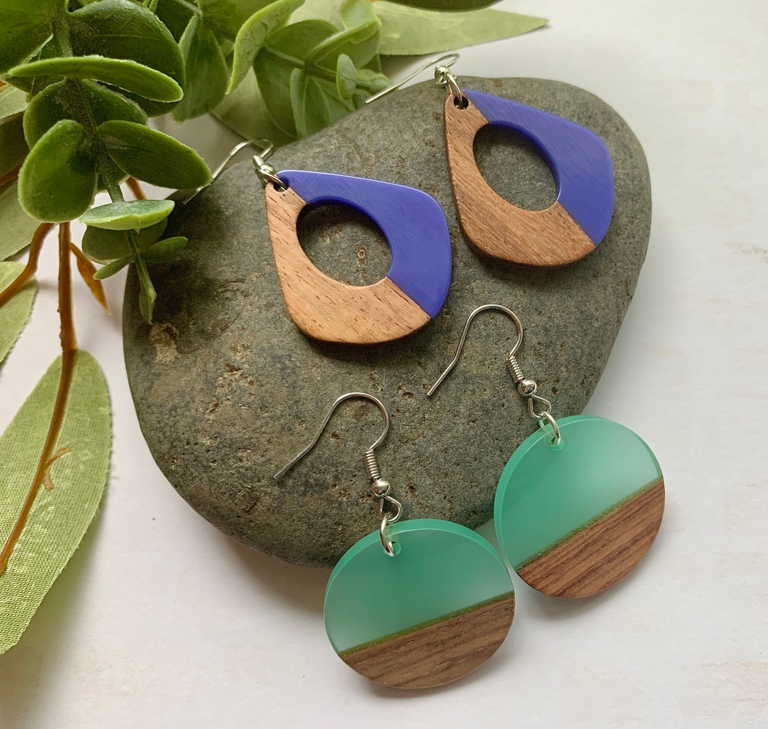 Colorful Resin and Wood Earrings Etsy