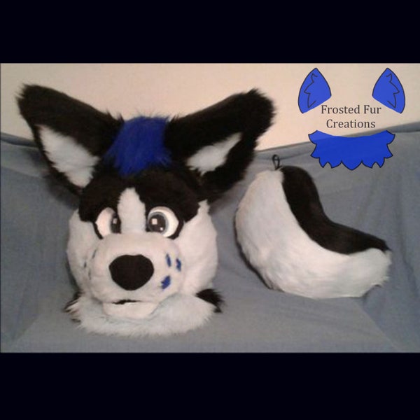 Canine Fursuit Head and Tail Black, Light Blue, and Dark Blue Wolf/Husky