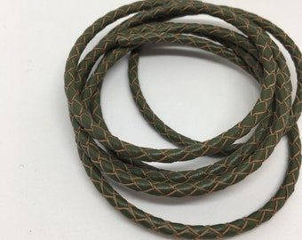 Braided leather - khaki green - 3mm