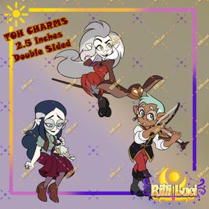 May include: Colorful TOH charms, double-sided and 2.5 inches in size, featuring three cartoon characters. One character is riding a broom, another is playing a violin, and the third is holding a small bird. The background is a gradient of purple and tan.