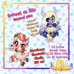 Könnte beinhalten: Sweet as Sin Emaille-Anstecknadeln mit zwei Zeichentrickfiguren. Eine ist eine Erdbeerkuchen-Figur, die andere eine Engels-Torten-Figur. Die Anstecknadeln sind 6,35 cm groß und in Schwarznickel und Roségold erhältlich.