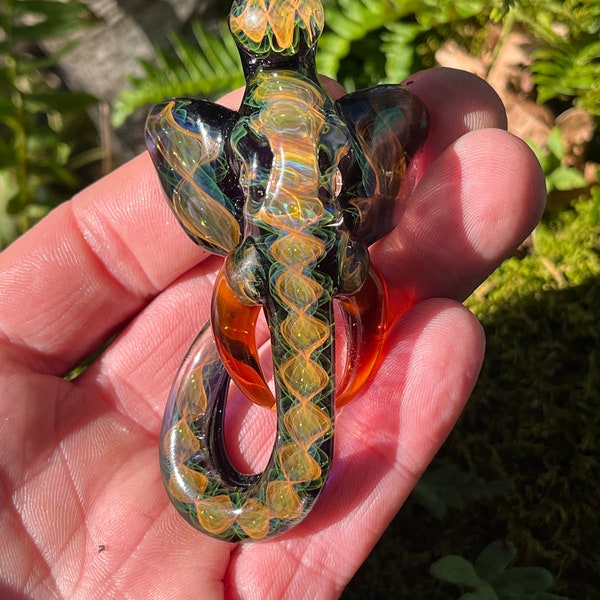 Blown Glass Green and Orange Elephant Pendant- gold and silver infused