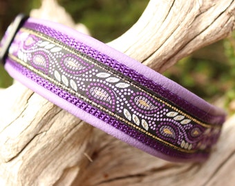 Purple Dog Collar Leather, Leaves, Tendril, Adjustable with Buckle, Design your own dogcollars