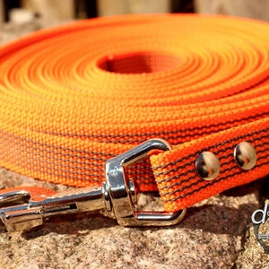 Könnte beinhalten: Orangefarbenes Hundehalsband mit einem silbernen Karabinerhaken und zwei silbernen Nieten. Das Halsband ist aufgerollt und hat einen schwarzen Streifen, der über die gesamte Länge verläuft.