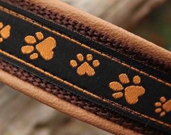 Paw Print Dog Collar Leather, Brass Martingale Limited Slip, Design your own