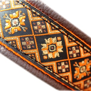 Dog Collar Leather, Dark brown, orange, metallic, adjustable with Metal Buckle, Personalization Name Phone available