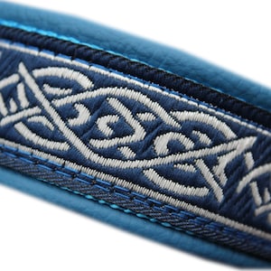 Irish Dog Collar Leather, Celtic Knot Blue, Adjustable with Buckle Metal, Design your own