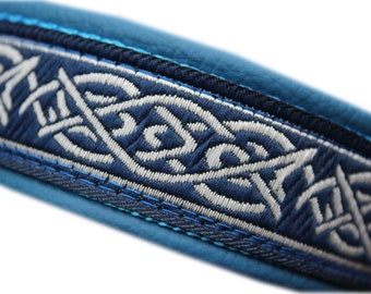 Irish Dog Collar Leather, Celtic Knot Blue, Adjustable with Buckle Metal, Design your own