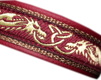 Vikinger Dragon Dog Collar Leather, Martingale Limited Slip, Burgund Gold, Design your own dogsartcollars