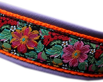 Floral Dog Collar Purple Leather, adjustable with quick release Buckle, Design your own dogsartcollar