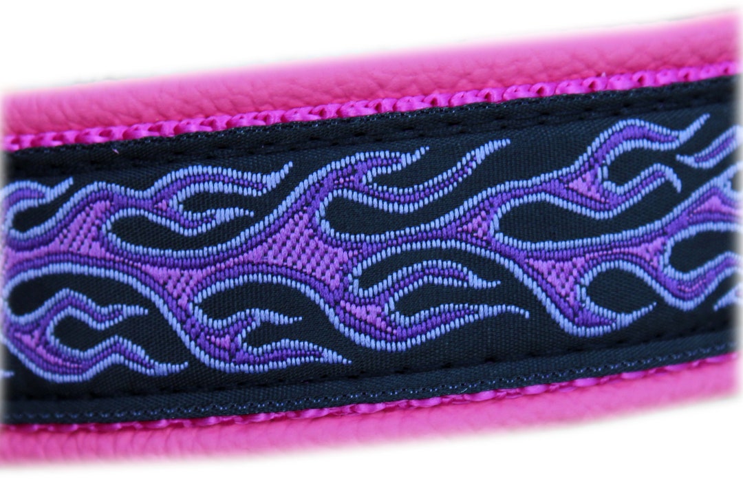 Dog Collar Leather, Flames Purple Pink, Brass Martingale Limited Slip