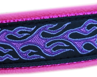 Dog Collar Leather, Flames Purple Pink, Brass Martingale Limited Slip, Design your own