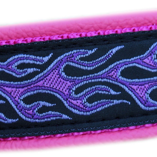 Dog Collar Leather, Flames Purple Pink, Brass Martingale Limited Slip, Design your own