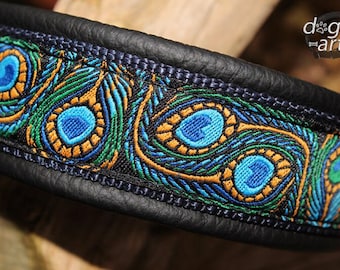 Black Dog Collar Leather, Peacock Feather, Martingale Limited Slip, Brass, Design your own