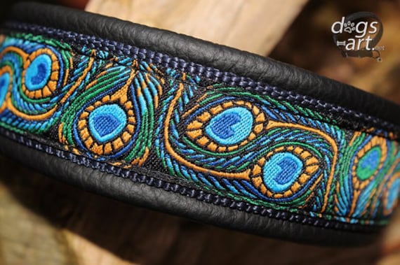 Black Dog Collar Leather, Peacock Feather, Martingale Limited Slip, Brass, Design your own