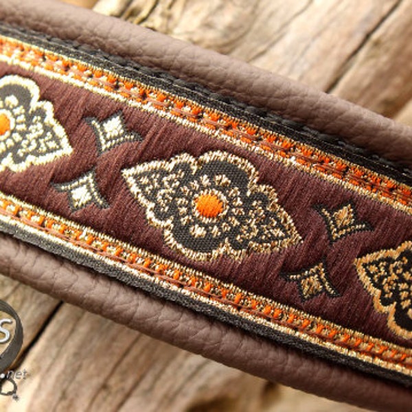 Custom Dog Collar Leather, adjustable with Metal Buckle, dark brown orange gold sparkly, Personalization available