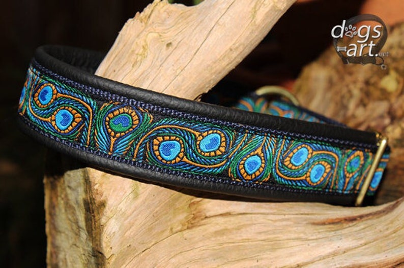 May include: A black leather dog collar with a blue, green, and gold peacock feather pattern. The collar has a brass buckle and is decorated with a decorative stitch.