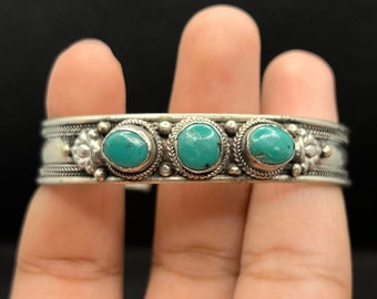Handmade Nepal Tibetan White Metal Bracelet | Three Stone Buddhist Meditation Wristband