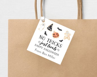 Halloween Party Favor Tag  | No Tricks, Just Treats Printable Sticker | Editable Template |  Halloween Cookie Party #035CP HW