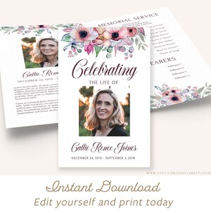 Printable Funeral Program Template | Memorial Service | Obituary Instant Download | Celebration of Life | In Loving Memory | #010FP Callie