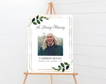 Funeral Sign Collage Templates, Greenery Funeral Photo Sign, Celebration of Life, Easel Display Memorial Poster, Green and Gold, Cameron