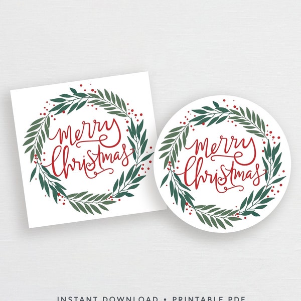 Printable Merry Christmas Wreath Tag or Sticker, Christmas Cookie Tag, Christmas Gift, Christmas Tag, Christmas Gift, #913CP CHR