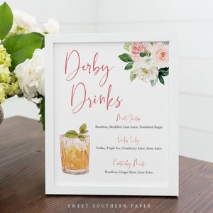 Kentucky Derby Drinks Sign  | Mint Julep Sign Editable Template | Floral Printable Derby Sign Decor | Derby Bridal Shower