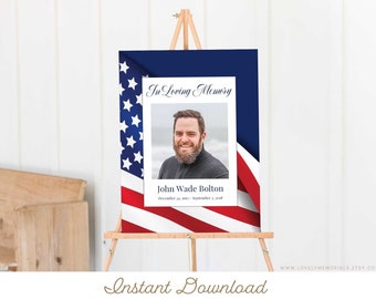 Puede incluir: Un cartel conmemorativo imprimible con un diseño de bandera estadounidense. El cartel presenta una foto de un hombre con barba y el texto "En memoria cariñosa" y "John Wade Bolton".