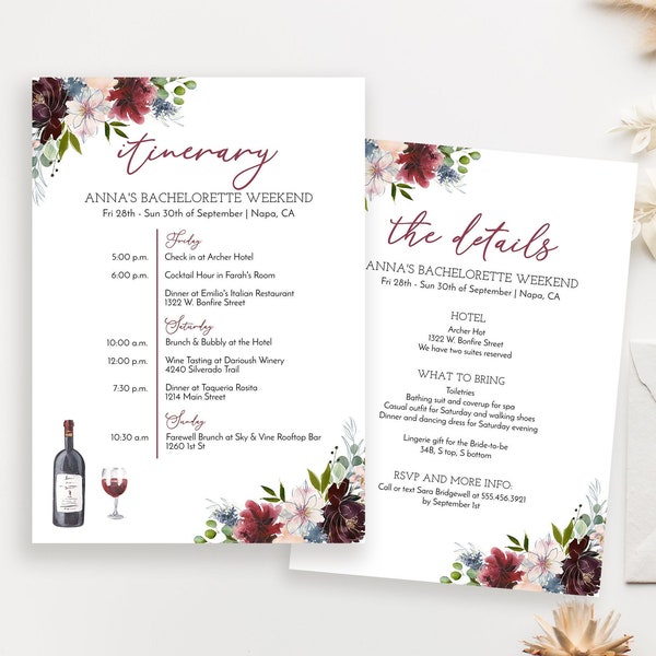 Bachelorette Itinerary Template, Hens Party, Wine Country, Winery Bridal Shower, Wedding, Birthday, Napa, Girls Weekend, Printable Invite