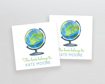 Printable bookplate sticker | Globe Sticker | printable teacher gift | book label | editable book sticker | This book belongs to