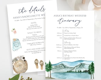 Lake Itinerary Template, Bachelorette, Hens Party, Mountain Bachelorette, Bridal Shower, Wedding, Birthday Camping, Girls Weekend, Printable