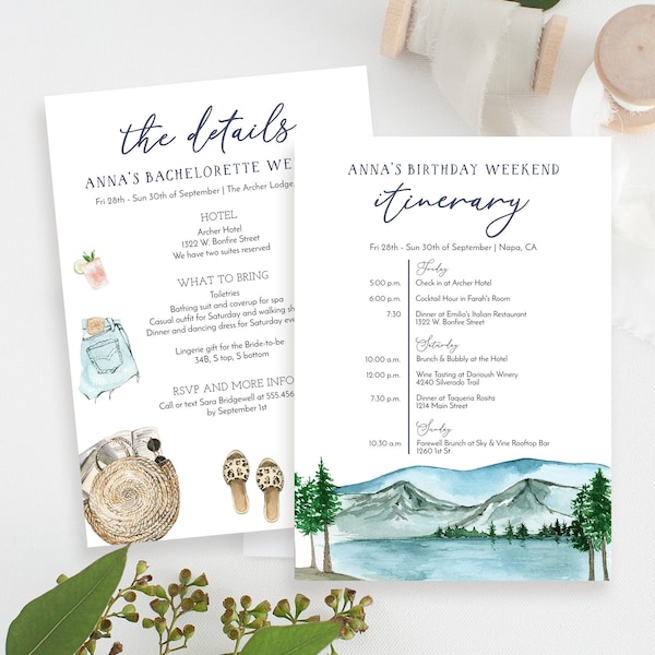 Lake Itinerary Template, Bachelorette, Hens Party, Mountain Bachelorette, Bridal Shower, Wedding, Birthday Camping, Girls Weekend, Printable