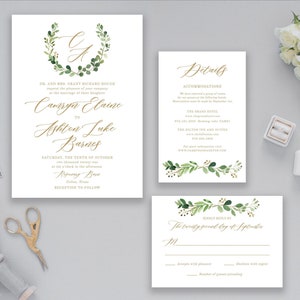 Editable Monogram Greenery Wedding Invitation, INSTANT DOWNLOAD, Printable Template, Watercolor Monogram Wreath, Crest, Camryn