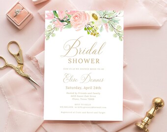 May include: A white bridal shower invitation with a watercolor floral design in shades of pink, green, and white. The text reads "Bridal Shower" and "Elise Dennis" in gold script font. The invitation includes the date, time, location, and RSVP information.