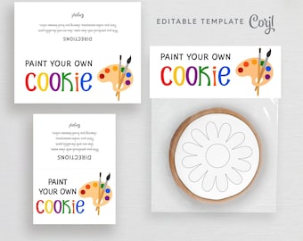 Editable Paint Your Own Cookie Bag Topper Template, Simple PYO Cookie Instructions, Kids Party Activity #944CP PYO