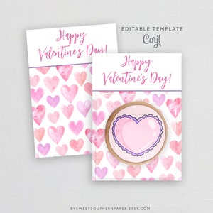 Editable Valentine&#39;s Cookie Card, Printable Valentine Cookie Packaging, Watercolor Hearts Cookie Gift #950CP VDAY
