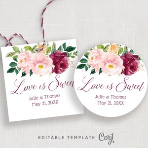 Editable Love is Sweet Favor Tag or Sticker, Fall Floral Wedding Favor, Love is Sweet Cookie Tag, Valentine Gift, Printable Tag WA2 006