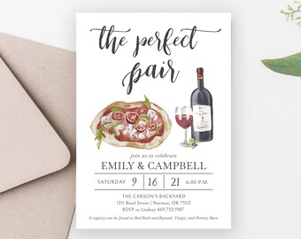 The Perfect Pair Couples Shower Invitation, Pizza and Wine Printable Editable Template, Wedding Shower, Custom Engagement Party, #655-BS