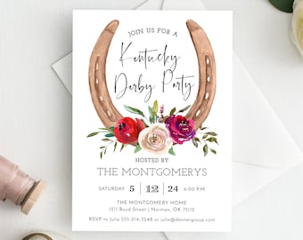May include: A white invitation with a brown horseshoe and red, white, and pink flowers. The text reads "Join us for a Kentucky Derby Party" and includes the date, time, and location of the event.
