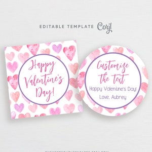 Editable Valentine&#39;s Tag, Editable Valentines Cookie Tag, Watercolor Valentine&#39;s Gift Tag, Valentines Sticker Template, Corjl #950CP VDAY