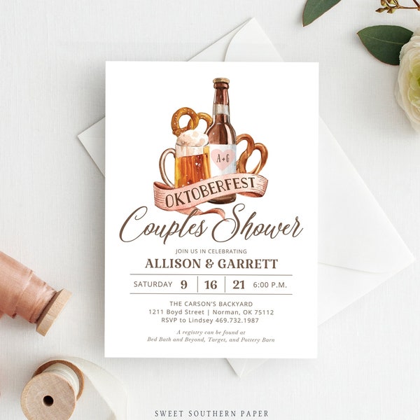 Oktoberfest Couples Shower Invitation, Printable Editable Template, Octoberfest Wedding Shower, Brews & Brats, Custom Fall Bridal, #100-BS