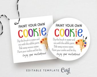 Generic Paint Your Own Cookie Tag or Sticker, Editable Instructions for PYO Cookie, Editable Template, Colorful Cookie Painting Tag #944PYO