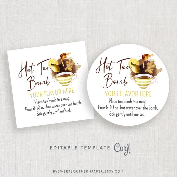 Editable Hot Team Bomb Tag or Sticker, Lemon and Honey Hot Tea Bomb, Tea Globe Tag Template #955CP HTB